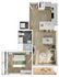 Elegant and inviting 1-bedroom apartment floor plan with an open kitchen, living room, and balcony.