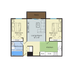 Charming floor plan featuring two spacious bedrooms, a cozy living room, modern kitchen, and private patio.