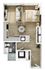 3D floor plan of a studio apartment featuring a living area, bedroom, compact kitchen, and modern bathroom.