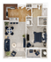 Modern 2D floor plan showcasing a cozy 1-bedroom layout with an open-concept living and dining area, stylish kitchen, and private balcony.
