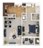 Modern 2D floor plan showcasing an inviting one-bedroom apartment with a spacious open-concept living area, stylish kitchen with a breakfast bar, cozy dining space, and a private balcony for relaxation.