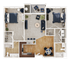 Elegant 2D floor plan featuring 2 spacious bedrooms, an open-concept living area, modern kitchen with breakfast bar, and cozy dining space.