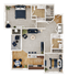 Modern 3D floor plan showcasing two elegant bedrooms, a spacious open-concept living area, a stylish kitchen with island seating, and two chic bathrooms.