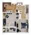 Contemporary floor plan showcasing a spacious 1-bedroom layout with open-concept living room, stylish kitchen featuring an island, comfortable bathroom, and inviting patio area.