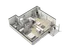 Modern 3D floor plan featuring a cozy bedroom, sleek kitchen, stylish living area, and contemporary bathroom layout with balcony view.