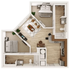 Modern and efficient floor plan showcasing 2 bedrooms, a cozy living area, and an elegant kitchen with sleek countertops.
