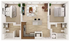 Elegant floor plan showcasing an open-concept living area, modern kitchen, two bedrooms, and two bathrooms with stylish design.