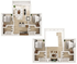 Elegant two-story floor plan showcasing an upper level with two bedrooms, a refined living area, and a modern kitchen, complemented by a lower level featuring two additional bedrooms and a cozy lounge.