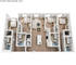 Modern 3D floor plan of a spacious 3-bedroom apartment at Villas Knoxville, featuring an open-concept living area, elegant kitchen with island, and two stylish bathrooms.