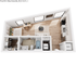 Modern studio apartment floor plan with a cozy sleeping area, open living space, sleek kitchen, and stylish bathroom.