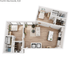 Modern 3D floor plan showcasing a sleek 1-bedroom apartment with open living area, stylish kitchen island, and cozy bathroom.