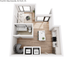Contemporary floor plan showcasing an open-concept living area, sleek kitchen with island seating, spiral staircase, and compact bathroom in a chic apartment.