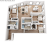 Inviting 3D floor plan showcasing modern 3-bedroom apartment with open-concept living area, sleek kitchen, and two stylish bathrooms in Villas Knoxville.