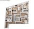 Inviting 3D floor plan of a modern apartment with three bedrooms, a sleek open kitchen, cozy living space, and two bathrooms, ideal for comfortable living.
