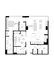 Modern floor plan featuring a spacious living room, contemporary kitchen with island, cozy den, one bedroom with walk-in closet, and two well-appointed bathrooms.