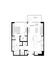 Chic floor plan featuring 1 bedroom, a modern kitchen with island, spacious living room, and a cozy balcony.