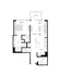 Elegant floor plan featuring 1 bedroom, a spacious living room with balcony, modern kitchen with island, and dual bathrooms.