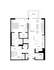 Modern apartment floor plan featuring one bedroom, a spacious living room, open kitchen with island, cozy den, balcony, and two bathrooms.