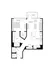 Modern floor plan featuring one bedroom, open-concept living room with balcony, and a stylish kitchen with island.