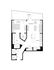 Modern apartment floor plan with 1 bedroom, spacious living room, sleek kitchen with an island, and a large terrace.