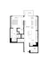 Contemporary floor plan showcasing a spacious 1-bedroom layout with an open-concept living room, modern kitchen island, convenient walk-in closet, and private balcony.