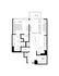 Modern floor plan featuring 1 spacious bedroom, open-concept living room with balcony, stylish kitchen with island, bath, and powder room.