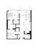 Modern floor plan showcasing 1 bedroom, large living room, sleek kitchen with island, adjacent den, and ample storage space.