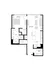 Modern floor plan featuring 1 bedroom, open-concept living room, and stylish kitchen with island, complemented by a powder room and walk-in closet.