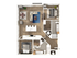 Contemporary floor plan featuring 2 spacious bedrooms, open-concept living and dining area, sleek kitchen with bar seating, and 2 modern bathrooms.