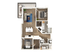 Modern 2D floor plan showcasing a sophisticated open-concept living area, two spacious bedrooms, and a stylish kitchen with a breakfast bar. Includes a private balcony, ample storage, and elegant bathrooms, perfect for contemporary living.