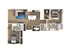 Sleek 3D floor plan showcasing two elegant bedrooms, spacious open-concept living area with modern kitchen, and two bathrooms for ultimate comfort.