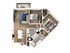 Contemporary floor plan featuring 2 bedrooms, open-concept kitchen and living area, with modern bathrooms and outdoor balcony space.