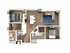 Chic floor plan showcasing a modern 2-bedroom, 2-bath layout with open-concept living, gourmet kitchen, cozy lounge area, and ample natural light.