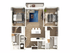 Contemporary floor plan featuring 2 bedrooms, luxurious living room, modern kitchen, and 2 sleek bathrooms.