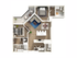 Elegant open-concept floor plan showcasing two stylish bedrooms, a sophisticated living area, modern kitchen with island, dining space, and luxurious bathrooms.