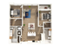 Modern floor plan showcasing 2 elegant bedrooms, an open living area, and a sleek kitchen with island seating. Features include stylish bathrooms and spacious closets.