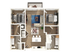 Modern 3D floor plan showcasing 2 bedrooms, open living space, and stylish kitchen with island seating.