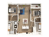 Bright and modern 2D floor plan showcasing 2 spacious bedrooms, an open-concept living and dining area, stylish kitchen with island, and two well-appointed bathrooms.