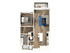 Modern one-bedroom apartment floor plan with spacious living room, open-concept kitchen with island, and private balcony.