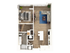 Modern floor plan showcasing a spacious 1-bedroom layout with an open-concept living area, stylish kitchen, and a cozy lounge space.