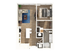 Modern 3D floor plan highlighting one-bedroom, an elegant open-concept living room, and a sleek kitchen with island seating.