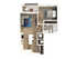 Modern 3D floor plan showcasing one-bedroom, open-concept living space with elegant kitchen and balcony.