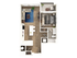 Modern open-concept apartment layout featuring a spacious living area with L-shaped sofa, sleek kitchen with island, cozy bedroom, and stylish bathroom.
