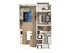 Modern 2D floor plan featuring a spacious one-bedroom apartment with open-concept living room, sleek kitchen with island, and elegant bathroom.