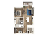 Modern apartment floor plan showcasing a spacious bedroom, stylish living area, and a sleek kitchen with island seating.