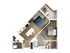 Modern 1-bedroom apartment floor plan with open layout, stylish living area, sleek kitchen, and private balcony.