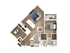 Modern apartment floor plan featuring one spacious bedroom, open-concept living room, sleek kitchen, and contemporary dining area with hardwood flooring.