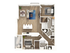Modern floor plan featuring two stylish bedrooms, open-concept living area with a sleek kitchen island, and two contemporary bathrooms.