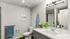 Modern bathroom with white vanity, stylish mirror, floral decor, and elegant lighting.