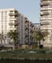 Modern apartment complex with sleek architecture, featuring large windows, multiple balconies, and lush landscaping with palm trees.